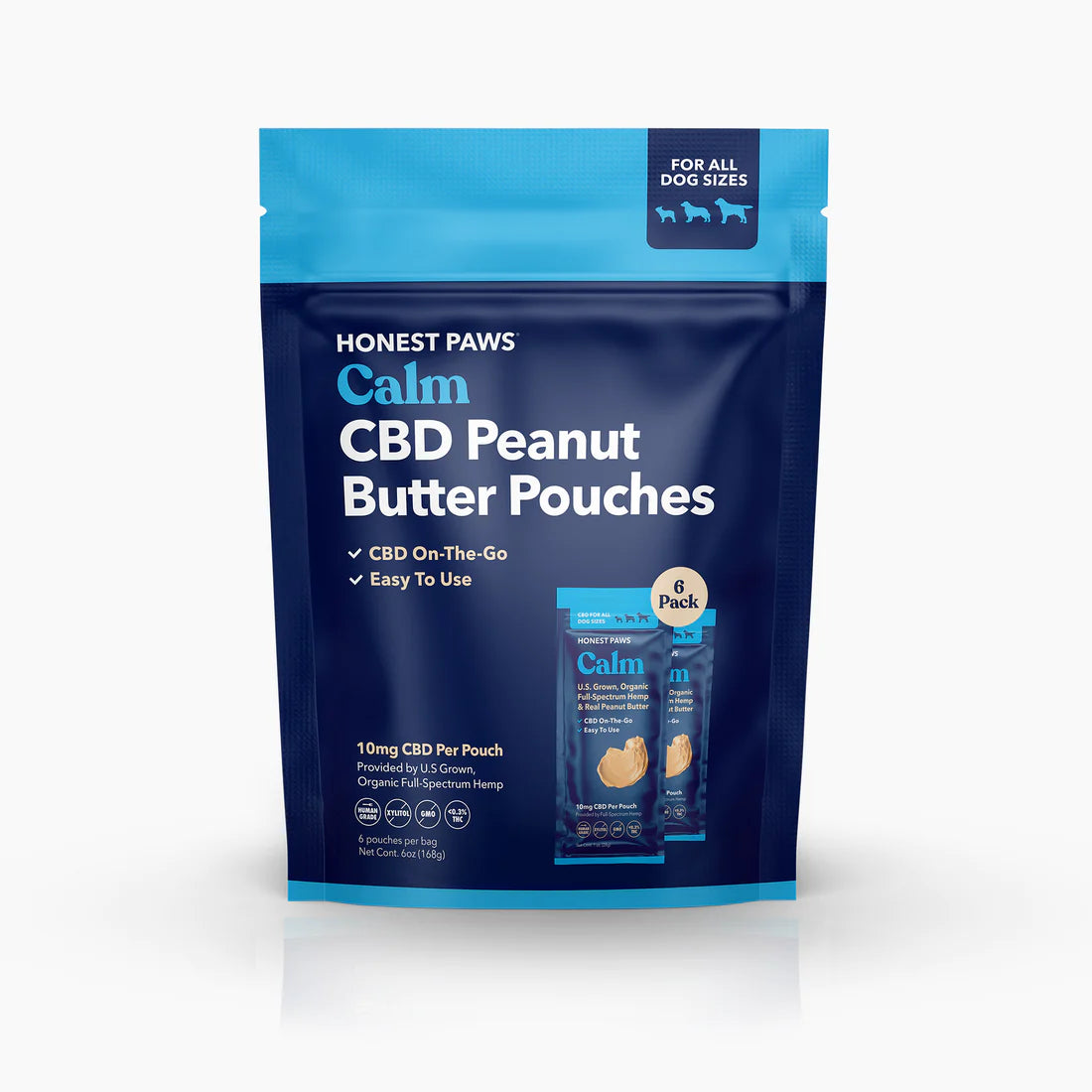 Calm CBD peanut butter pouches. CBD on-the-go and easy to use. 10mg CBD per pouch.