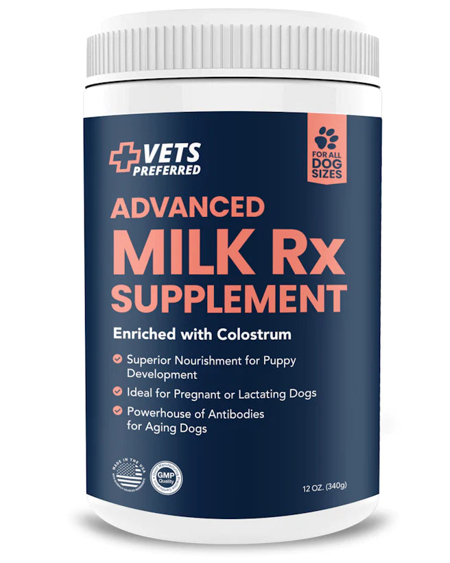 Advanced Milk Rx Supplement enriched with Colostrum. Superior nourishment for puppy development, ideal for pregnant or lactating dogs, powerhouse of antibodies for aging dogs.