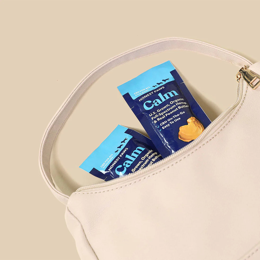 Calm CBD peanut butter pouches CBD on-the-go, easy to carry.