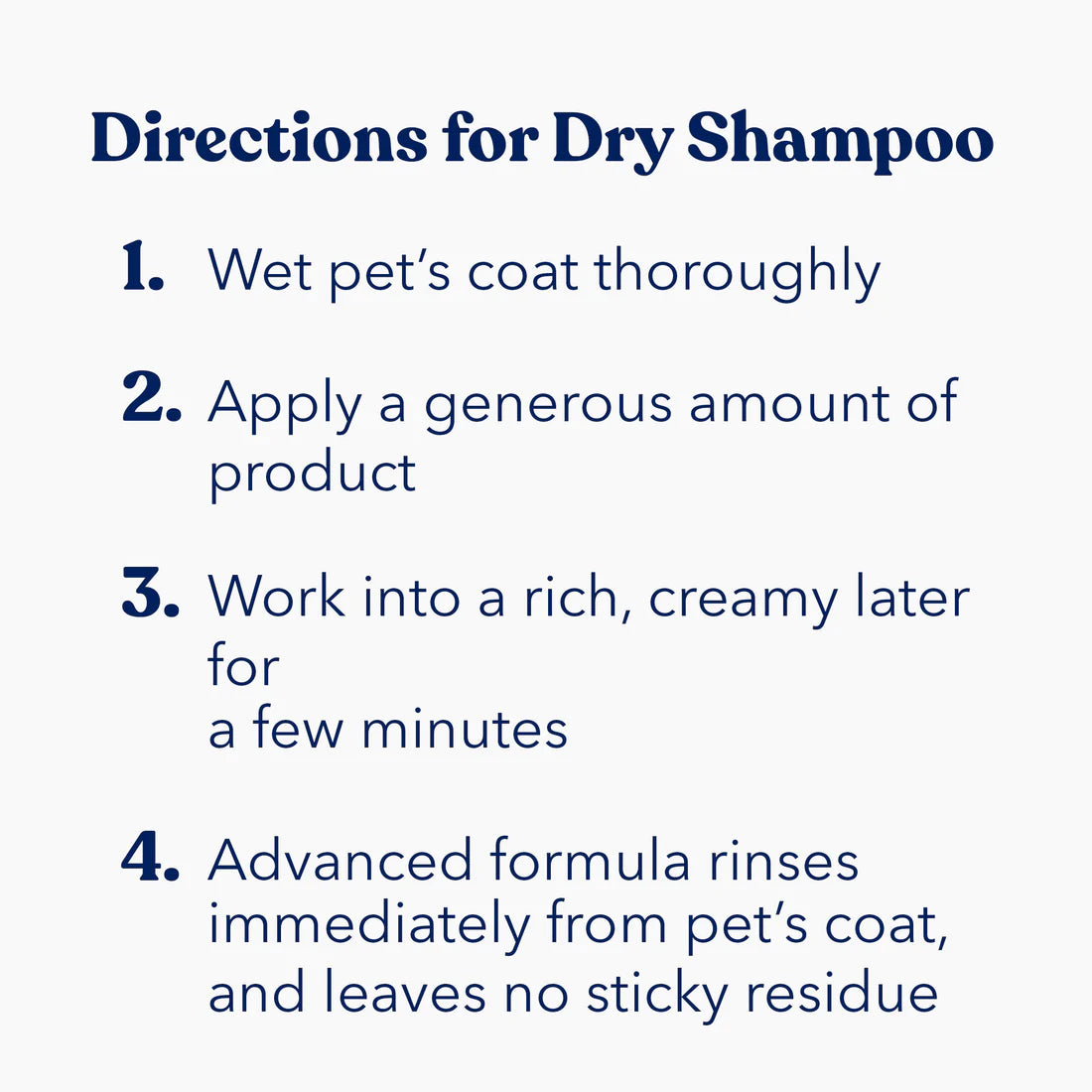 Dry Shampoo for Pets directions for use chart.