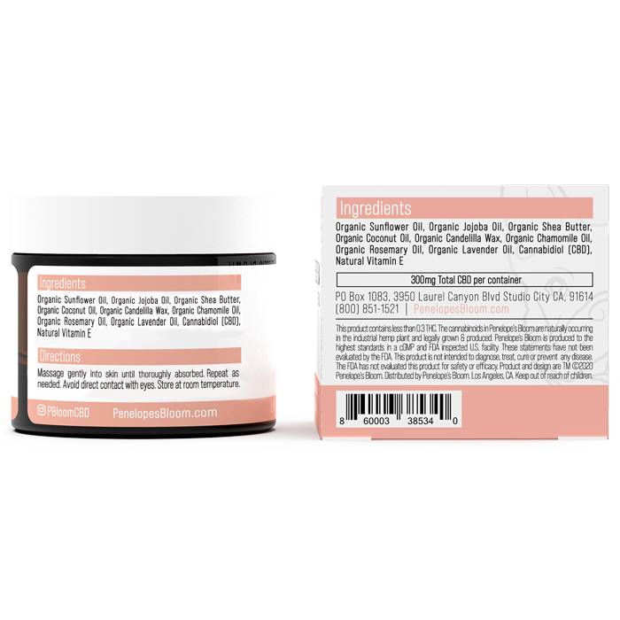 Soothing Pet CBD Balm for Dogs & Cats (300mg) back label with ingredients & directions.