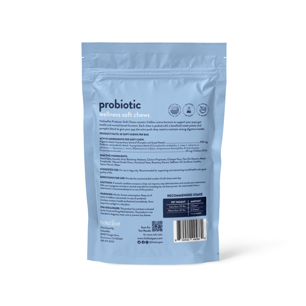 Probiotic Wellness Soft Chews For Dogs back label with ingredients, directions for use, & certifications.