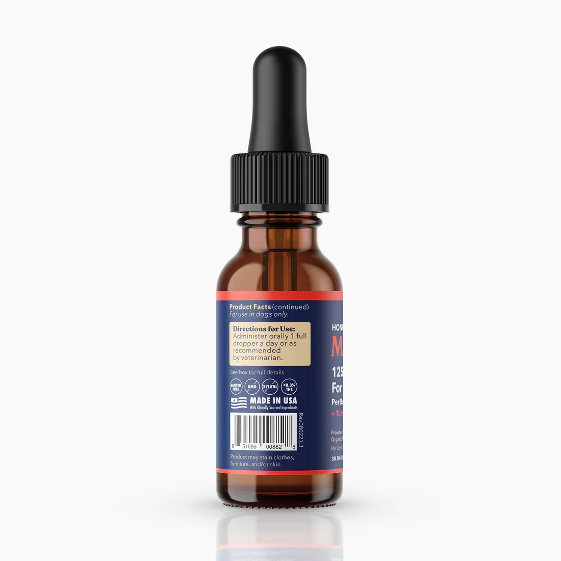 CBD Oil for Dogs - Mobility side label pic with directions for use & certifications.