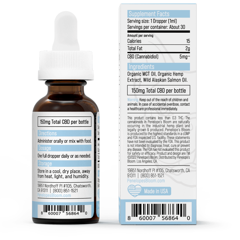 CBD Oil For Cats (150mg) back label with ingredients.