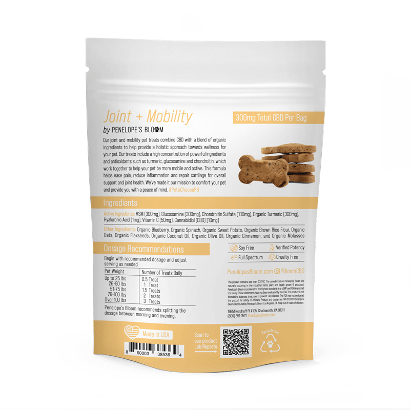 CBD Dog treats for Joint + Mobility - small to medium dogs (300mg) back label with ingredients & directions for use.