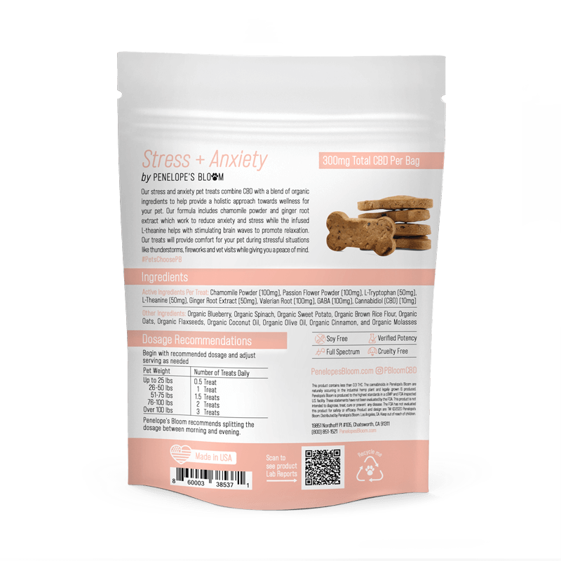 CBD Dog Treats for Stress + Anxiety - small to medium dogs (300mg) back label with ingredients & directions for use.