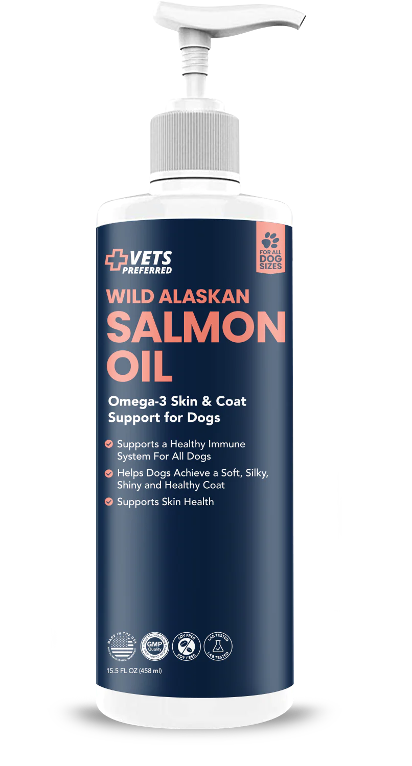 Premium Wild Alaskan Salmon Oil for all dog sizes. Omega-3 & Coat support. Supports a healthy immune system, helps dogs achieve a soft, silky, shiny, & healthy coat, supports skin health. Made in the USA, GMP quality, soy free, lab tested.