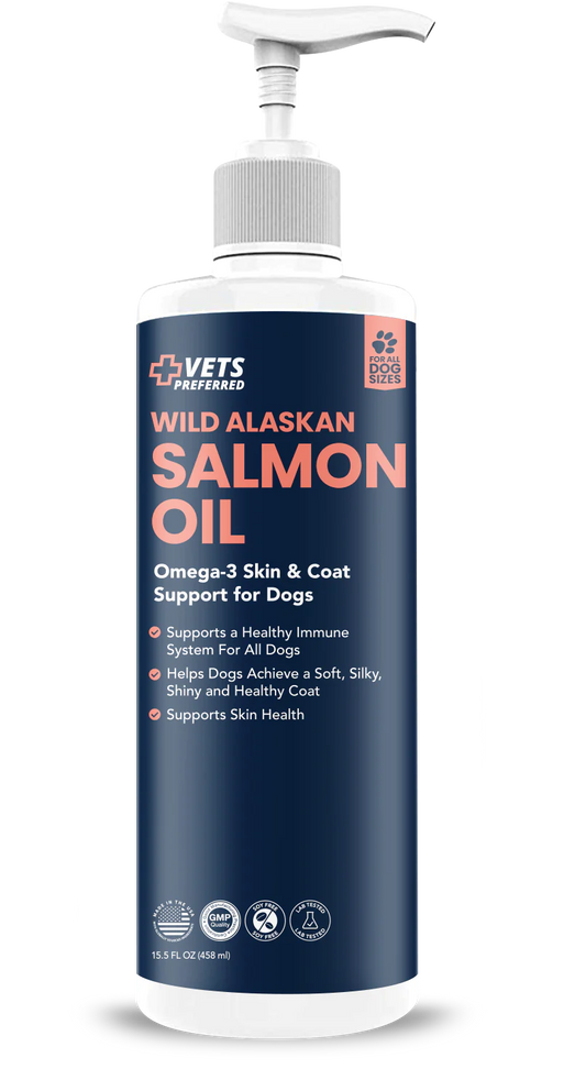 Premium Wild Alaskan Salmon Oil for all dog sizes. Omega-3 & Coat support. Supports a healthy immune system, helps dogs achieve a soft, silky, shiny, & healthy coat, supports skin health. Made in the USA, GMP quality, soy free, lab tested.