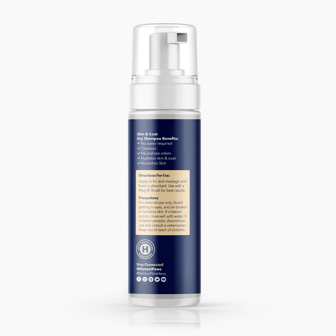 Dry Shampoo for Pets back label with benefits, directions for use, & precautions.