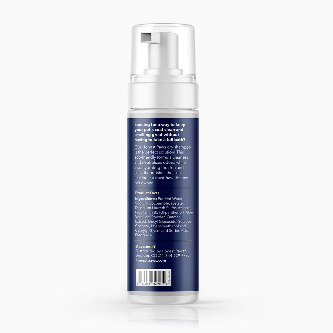 Dry Shampoo for Pets side label with product facts.
