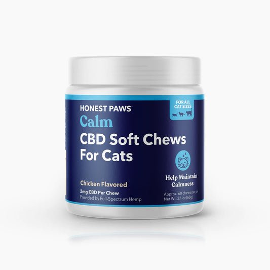 Calm CBD soft chews for Cats. Chicken flavored. Help maintain calmness. 2mg CBD per chew.