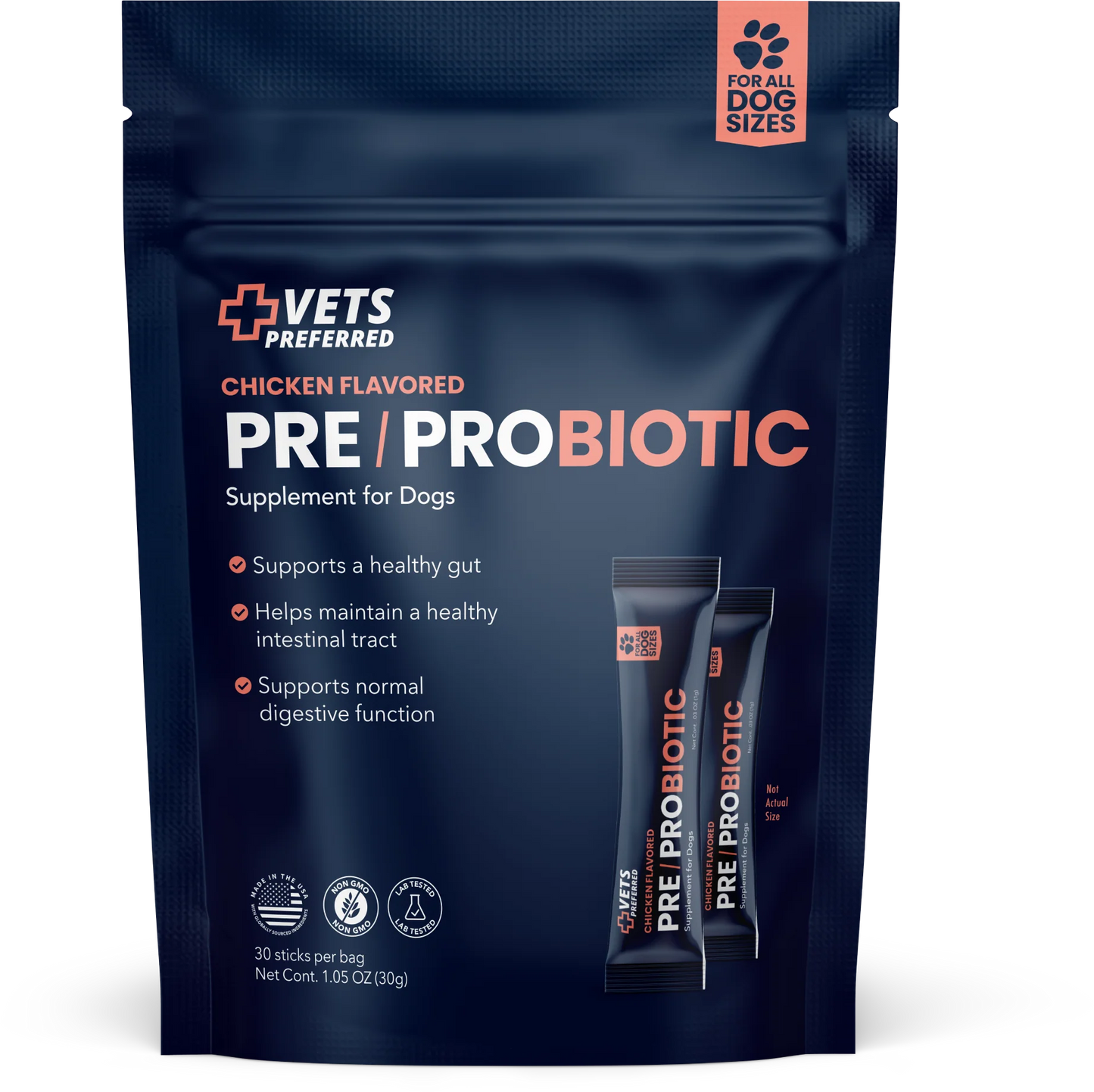 Pre/Probiotics Supplement for Dogs. Supports a healthy gut, helps maintain a healthy intestinal tract, supports normal digestive function. Chicken flavored.