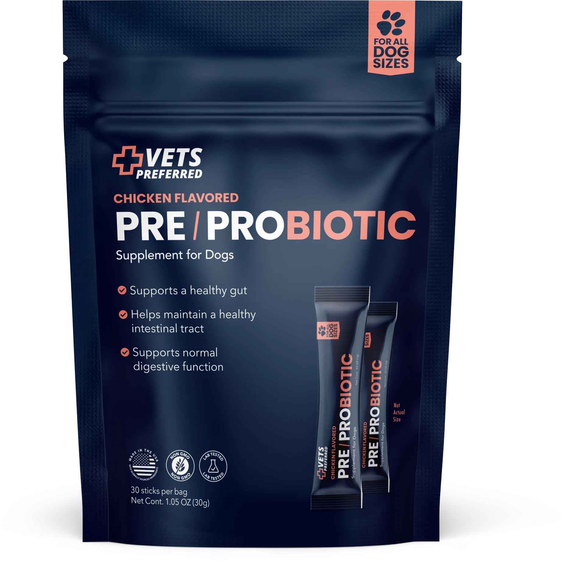 Pre/Probiotics Supplement for Dogs. Supports a healthy gut, helps maintain a healthy intestinal tract, supports normal digestive function. Chicken flavored.