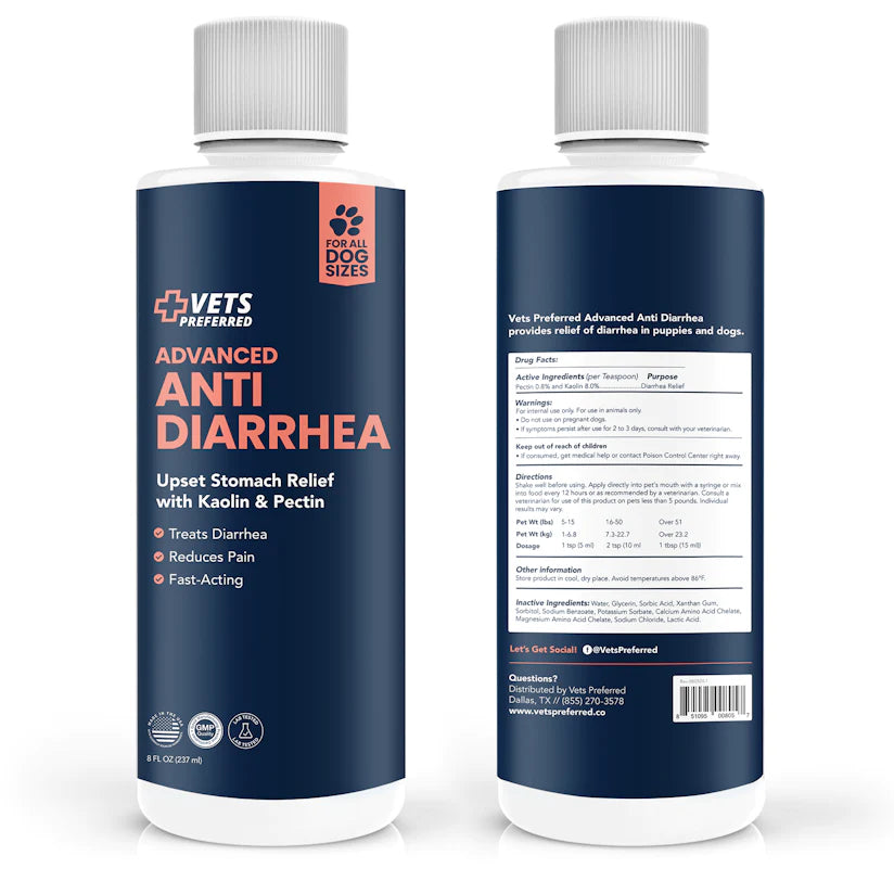 Advanced Anti Diarrhea back label ingredients & directions for use. Active ingredients Kaolin & Pectin.