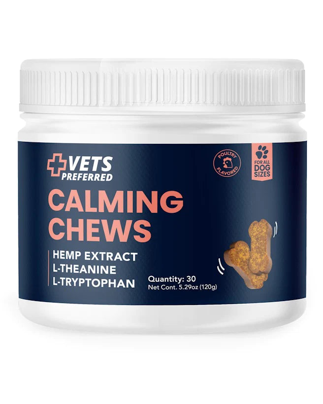 Calming Chews Hemp Extract, L-Theanine, L-Tryptophan. Poultry flavor for all dog sizes.