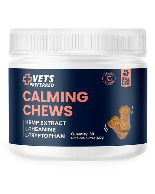 Calming Chews Hemp Extract, L-Theanine, L-Tryptophan. Poultry flavor for all dog sizes.