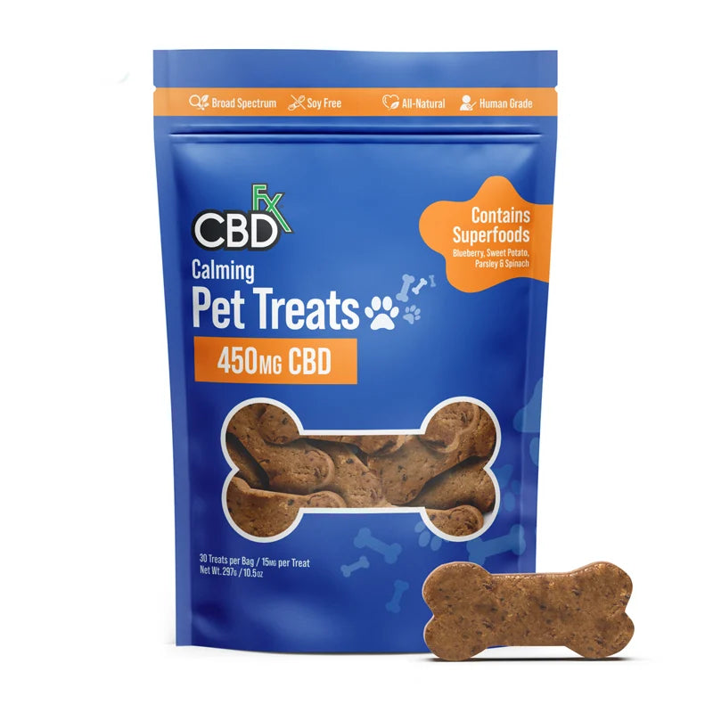 Calming Pet Treats (450mg CBD). Broad spectrum, soy free, all-natural, human grade. Contains superfoods blueberry, sweet potato, parsley, & spinach.