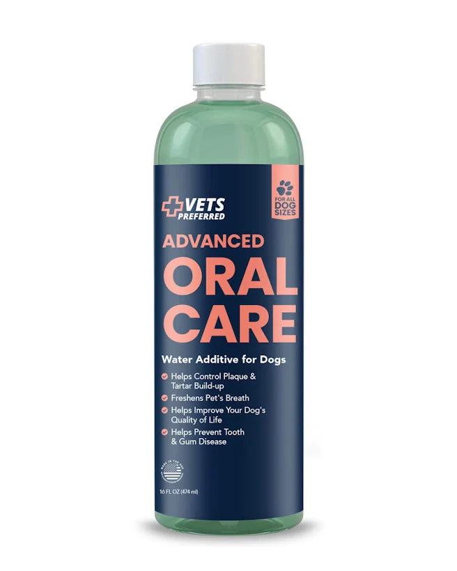 Advanced Oral Care water additive for dogs. Helps control plaque & tartar build-up, freshens pet's breath, helps improve your dog's quality of life, helps prevent tooth & gum disease.